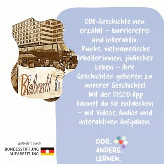 DDR-Geschichte neu erzählt – inklusiv, interaktiv & für alle verständlich!
Unser Projekt „DDR. Anders. Lernen“ macht Geschichte lebendig – speziell für Schüler:innen mit geistiger Beeinträchtigung.
Was erwartet dich?
Vietnamesische Vertragsarbeiter:innen: Über 60.000 Menschen, die zwischen harter Arbeit, Diskriminierung und Gemeinschaft lebten.
Unangepasste Jugendliche: Punks, Skinheads und Jugendprotest gegen das System.
Jüdisches Leben in der DDR: Zwischen Anerkennung und Unsichtbarkeit – eine oft vergessene Geschichte.
Wie?
Mit der DISCO-App entdeckst du diese Geschichten barrierefrei – durch Videos, Audios und interaktive Aufgaben.
Warum?
Weil Geschichte für alle da ist! Wir gestalten sie gemeinsam mit Schüler:innen , hören zu, testen und passen an – damit wirklich ALLE mitmachen können.
Was fehlt deiner Meinung nach in Schulbüchern zur DDR-Geschichte?
Diskutiere mit uns in den Kommentaren! 
👉 Mehr Infos und Links in der Bio!
#DDRGeschichte #Inklusion #GeschichteFürAlle #DISCOApp #LernenMitHerz