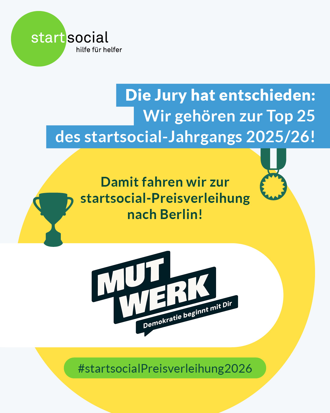 Juhu, wir freuen uns sehr, dass wir Teil der Bundesauswahl von @startsocial_e_v sein dürfen. Nach dem Beratungsstipendium durch unsere tollen Coaches hat eine Jury uns neben 24 anderen aus 100 Initiativen ausgewählt. Als nächstes geht´s im Juni ins Bundeskanzleramt zur Preisverleihung. Wir sind gespannt! 🎉 #startsocial #startsocialPreisverleihung2026